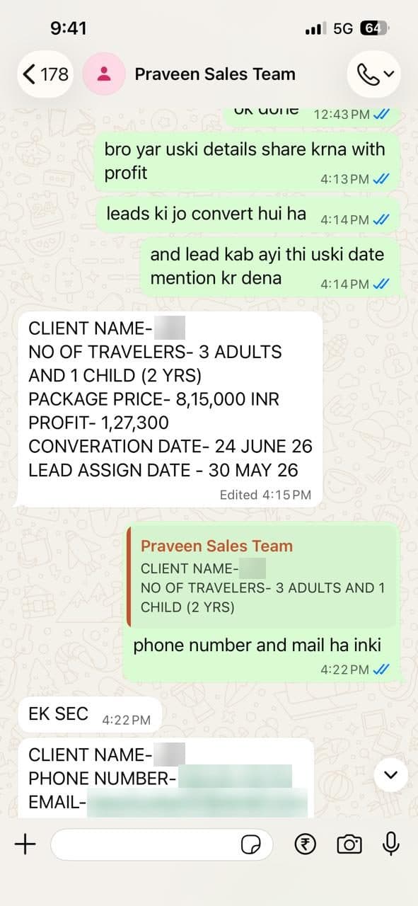 Sales team chat confirming the New Zealand honeymoon booking