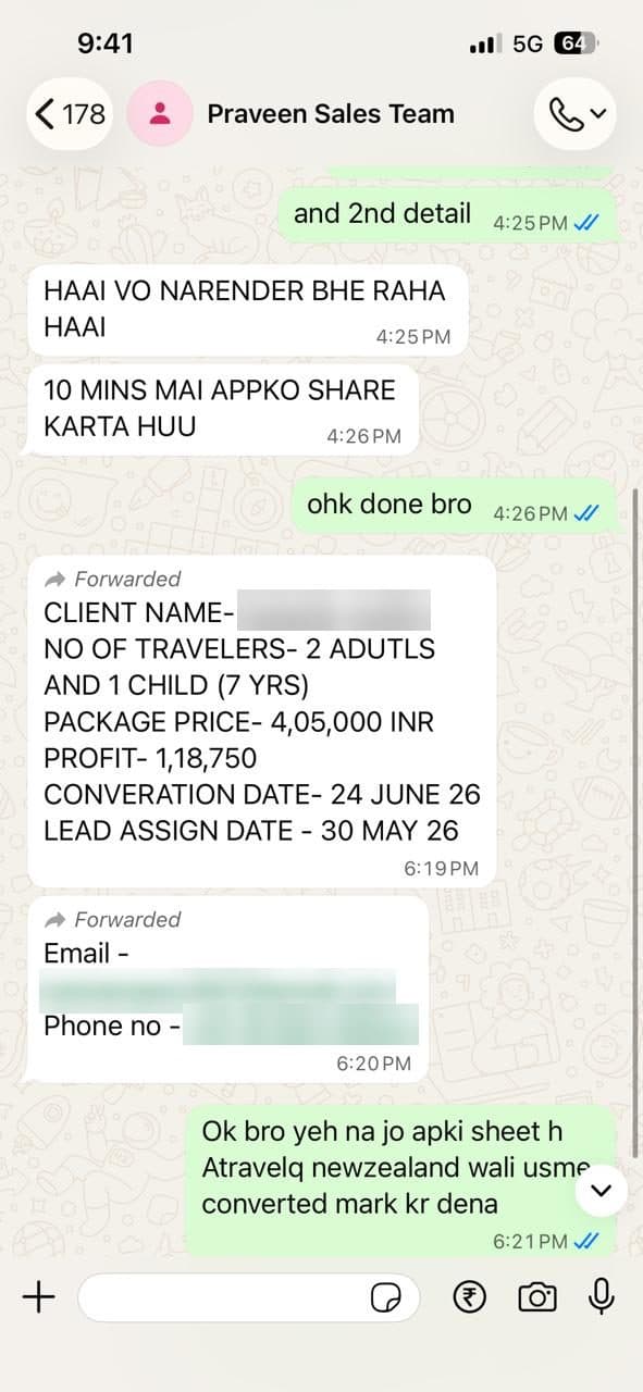 Sales team chat confirming the New Zealand family package booking