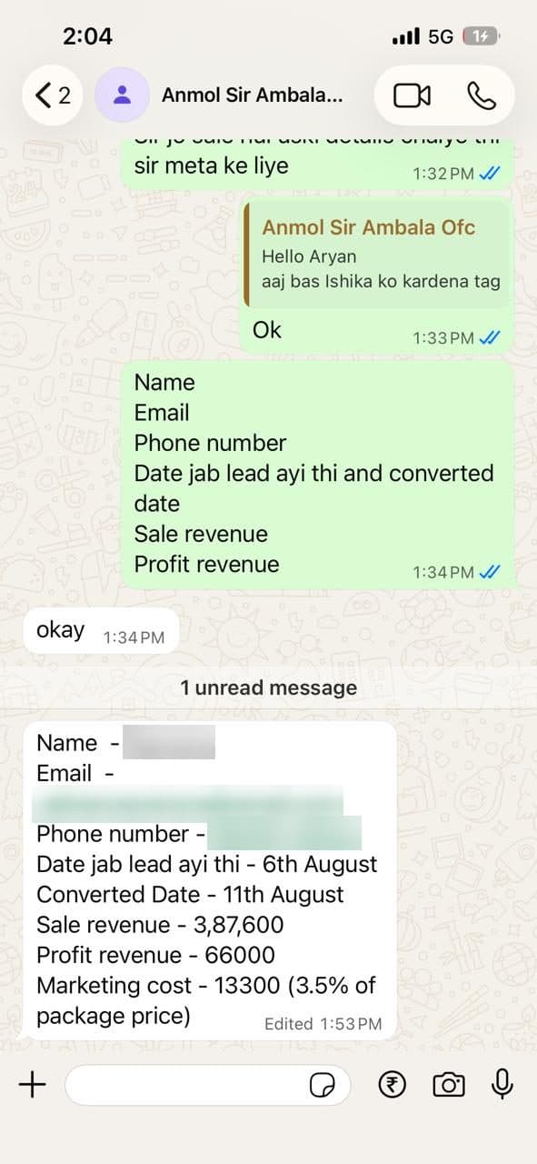 Sales team chat confirming the International package booking