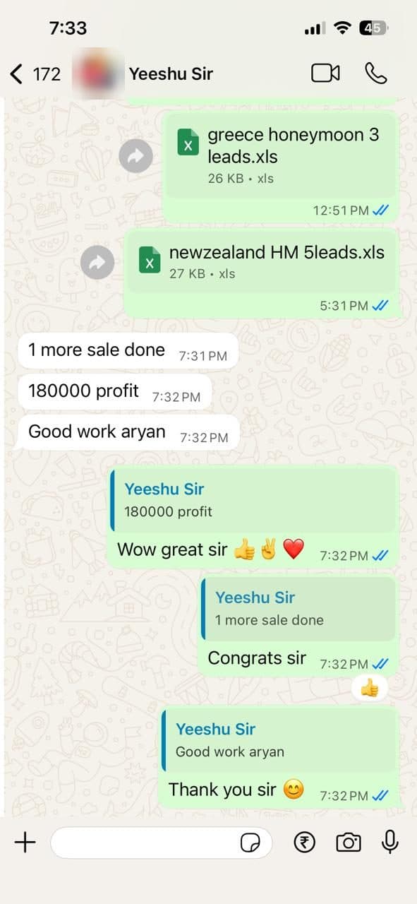 WhatsApp message from Atravelq sales leadership confirming a sale